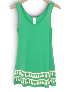 Green Mango Tassel Trim Tank Top Size L Scoop Neck Long Length Made In USA